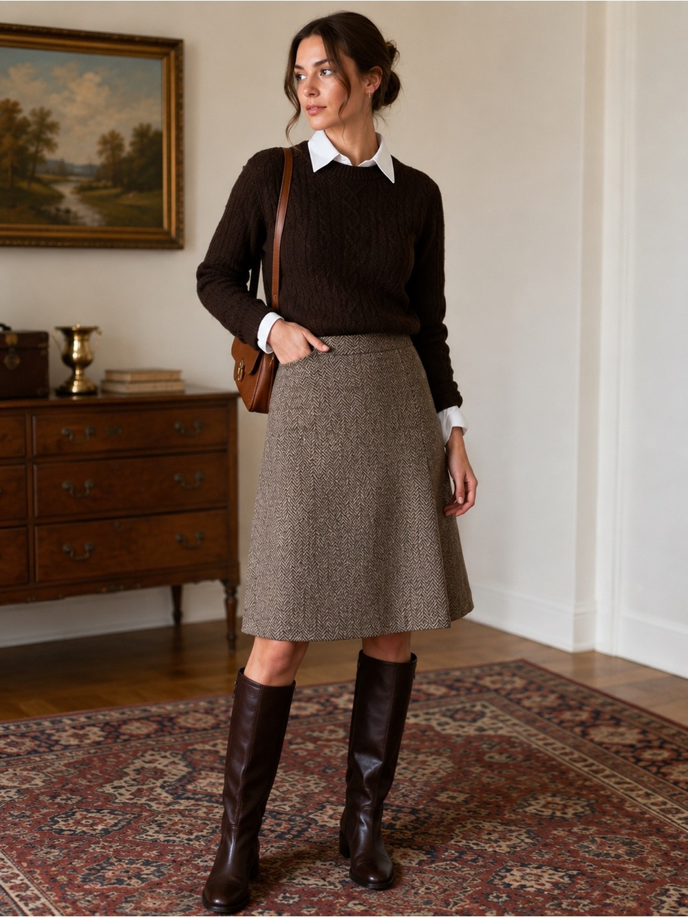 Vintage The Villager 100% Wool Tweed Skirt | Brown Herringbone Ivy A-Line